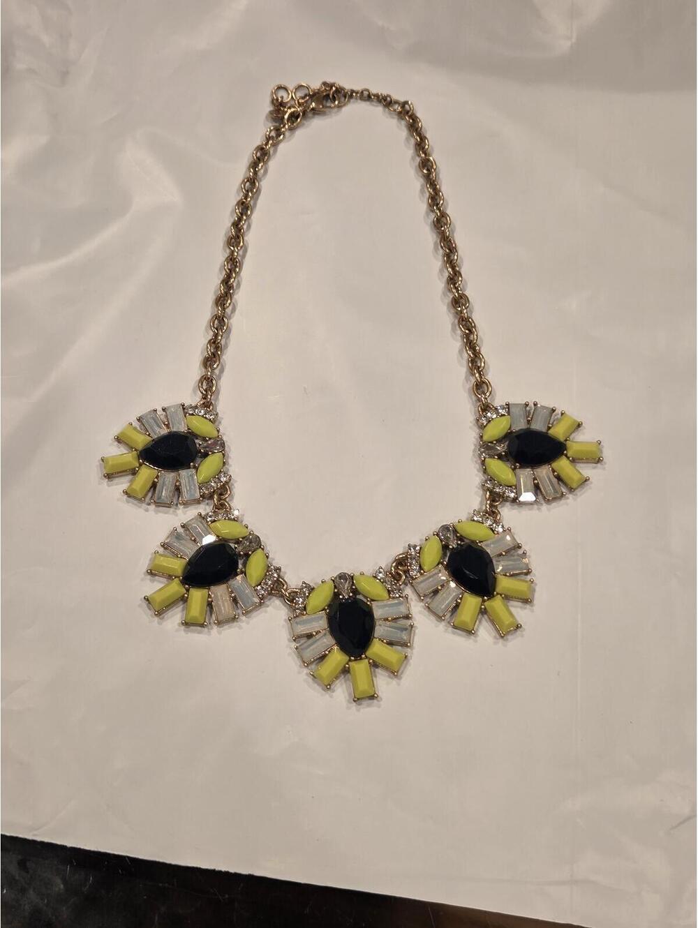 J.Crew Neon Yellow, Black, and Opalescent Stone Statement Necklace with Gold-Ton